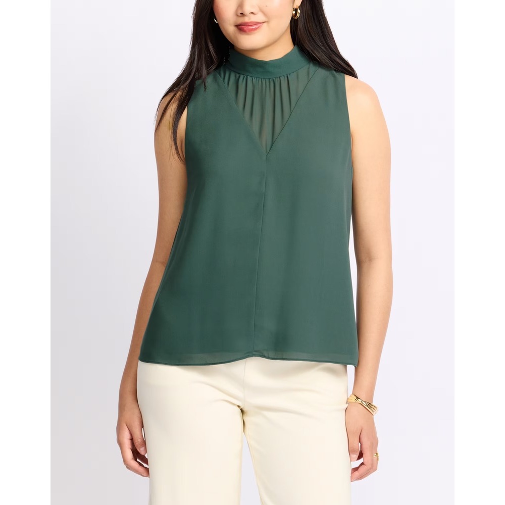 Montgomery Post Julie Mockneck Blouse Green Sleeveless Tie Back Top